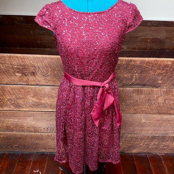 Suzy Chin Sequined Maroon Skater Party Dress - Picture 3 of 11